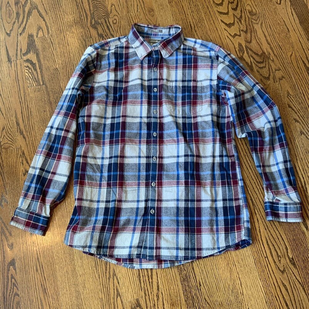 Eddie Bauer Mens Size Large Tall LT Flannel Shirt Relaxed Fit Plaid Blue Red
